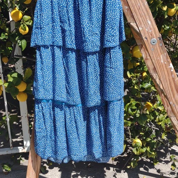 Blue Polka-Dot Tiered Peasant Dress L - Picture 4 of 8